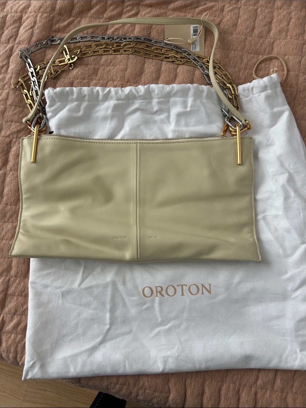 Oroton Pale Yellow Leather Shoulder Bag with Mixed Metal Chain